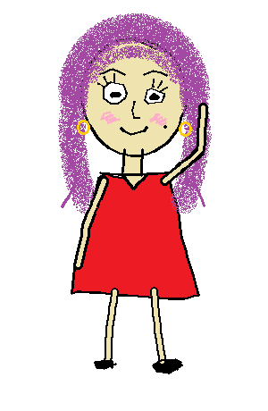 Brokelyn, drawn in Paint with a mouse: purple hair, red dress, noodle arms, no hands